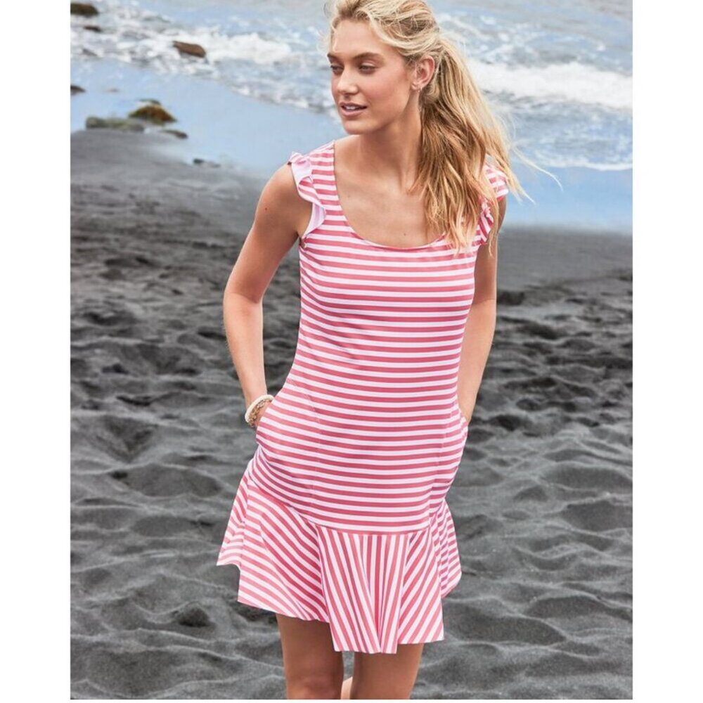 Tommy Bahama Breaker Bay Stripe Flounce Coral Coast Pink Nautical Mini Dress S
